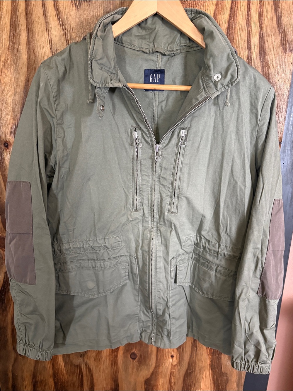 GAP Olive Green Utility Jacket with Brown Elbow Patches